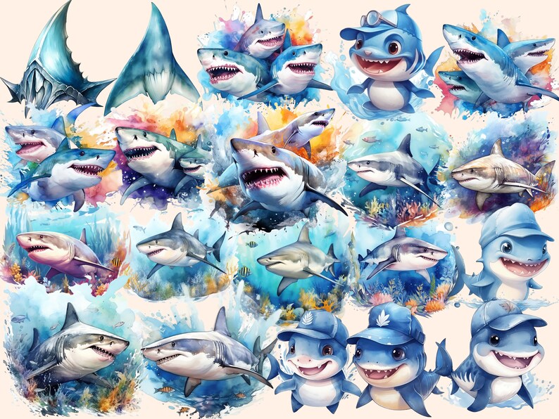 Shark Watercolor Clipart Bundle: 151 PNG Images (Commercial Use) (Digital Download) bild 4