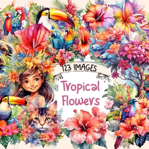 Tropical Flowers Watercolor Clipart Bundle - 123 PNG Flower Images,Summer Exotic Floral Graphics,PNG,Instant Digital Download,Commercial Use