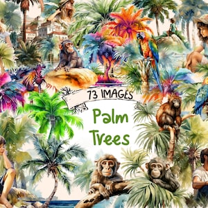 Palm Trees Watercolor Clipart Bundle - 73 PNG Tropical Images, Exotic Graphics, Beach Illustrations, Instant Digital Download,Commercial Use