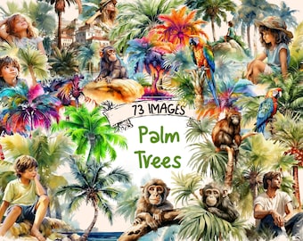 Palm Trees Watercolor Clipart: 73 Tropical PNG Images (Digital Download)