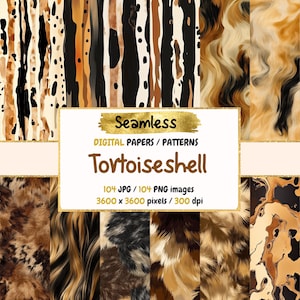 Puede incluir: Un conjunto de 104 papeles digitales con patrones sin costuras en varios tonos de marrón, negro y dorado. Los patrones están inspirados en la caparazón de tortuga y tienen un aspecto marmoleado, abstracto y texturizado. Los papeles digitales son de 3600 x 3600 píxeles y 300 ppp.