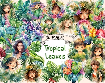 Watercolor Tropical Leaf Clipart Bundle: 96 PNG Graphics (Digital Download)
