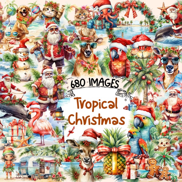 Tropical Christmas Watercolor Clipart Bundle - 680 PNG Festive Tropic Holiday Images,Exotic Graphics,Instant Digital Download,Commercial Use