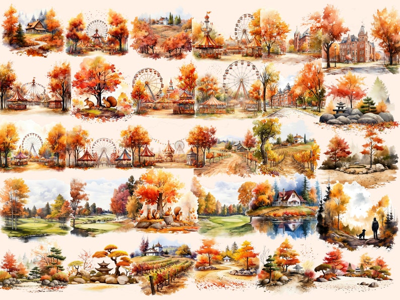 Autumn landscape with golden-hued trees and serene lake clipart.
Country road surrounded by colorful fall foliage.
Vibrant autumn leaves against a clear blue sky.
Cozy cabin nestled in an autumn forest.
Rustic wooden bridge over a tranquil stream.
