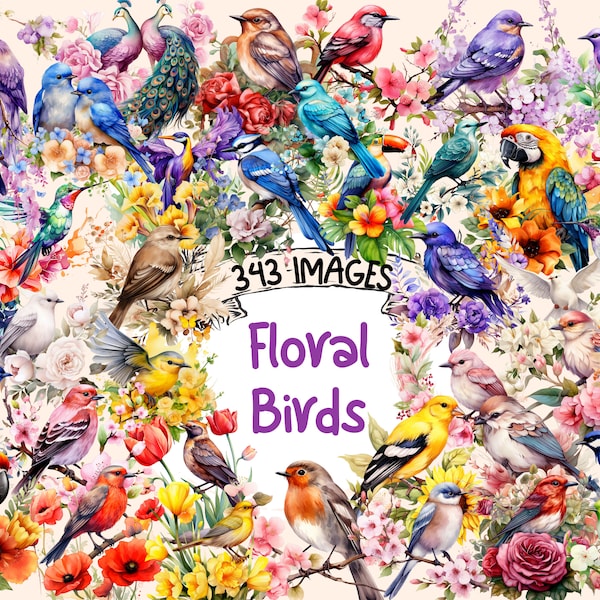 Floral Birds Watercolor Clipart Bundle - 343 PNG Bird Images with Flowers, Botanical Bird Graphics, Instant Digital Download, Commercial Use