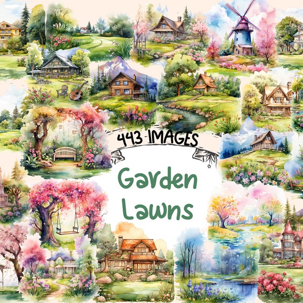 Garden Lawns Watercolor Clipart Bundle - 443 PNG Spring Lawn Images, Garden Landscape Graphics, Instant Digital Download, Commercial Use