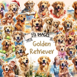 Golden Retrievers Watercolor Clipart Bundle - 213 PNG Gold Puppy Images, Loyal Playful Dog Graphics, Instant Digital Download,Commercial Use