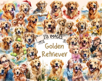 May include: A collage of 213 images featuring golden retriever dogs in various poses and settings. The dogs are depicted in a watercolor style, with some wearing hats and accessories. The text "213 IMAGES Golden Retriever" is displayed in the center of the collage.