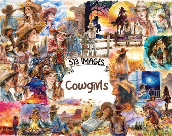 May include: A colorful collage of watercolor paintings featuring cowgirls in various settings. The images depict cowgirls riding horses, wearing cowboy hats, and enjoying the outdoors. The text "513 IMAGES Cowgirls" is displayed in the center of the collage.