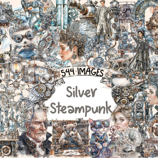 Silver Steampunk Watercolor Clipart Bundle - 544 PNG Metallic Steampunk Images, Victorian Graphics, Instant Digital Download, Commercial Use