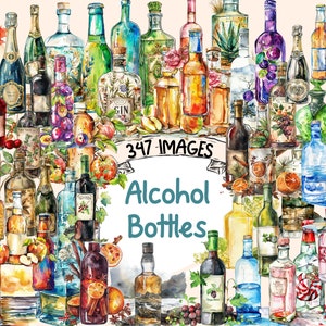 Alcohol Bottles Watercolor Clipart Bundles - 347 PNG Assorted Liquor Images, Beverage Graphics, Instant Digital Download, Commercial Use