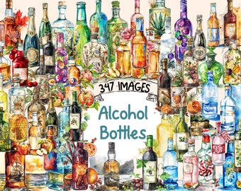 Paquetes de imágenes prediseñadas de acuarela de botellas de alcohol - 347 PNG imágenes de licores variados, gráficos de bebidas, descarga digital instantánea, uso comercial