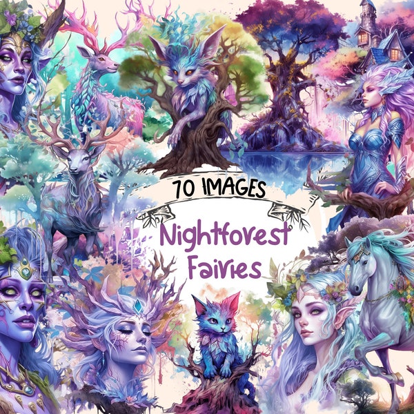 Nighforest Fairies Watercolor Clipart Bundle - 70 PNG Fairytale Images, Fantasy Magical Graphics,PNG,Instant Digital Download,Commercial Use