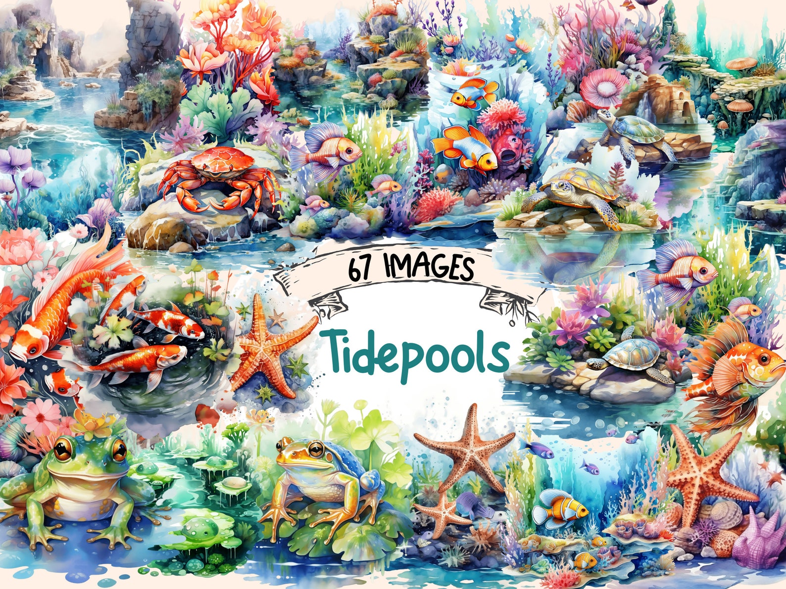 Tidepools Watercolor Clipart Bundle: 67 Nautical PNG Images (digital ...
