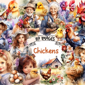 Chickens Watercolor Clipart Bundle - 89 PNG Farm Animal Images, Cute Chicken Rooster Graphics, Instant Digital Download, Commercial Use
