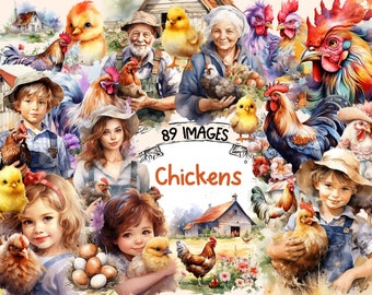 Watercolor Chicken Clipart Bundle: Farm Animal PNG Graphics (Digital Download)