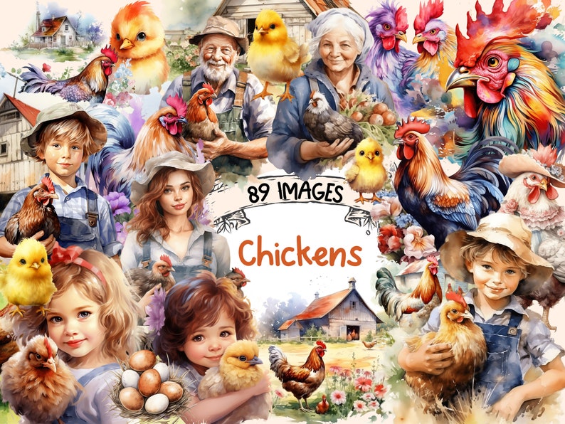 Watercolor Chicken Clipart Bundle: Farm Animal PNG Graphics (digital ...