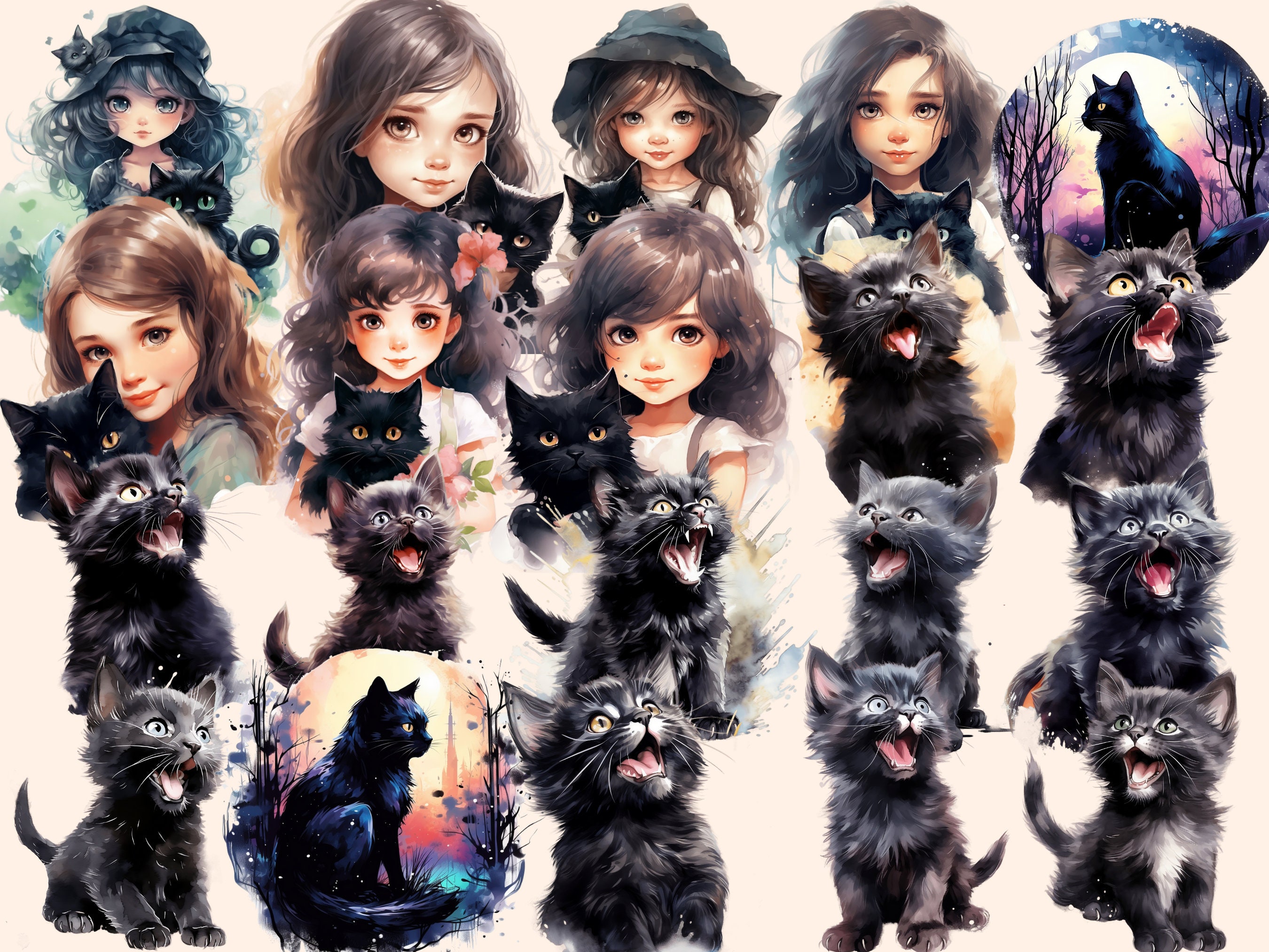 Black Cats Watercolor Clipart Bundle: 178 Feline PNG Images (digital ...