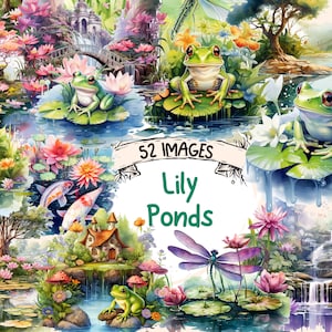 Lily Ponds Watercolor Clipart Bundle - 52 PNG Frong Pond Images, Charming Spring Lily Graphics, Instant Digital Download, Commercial Use