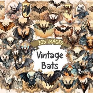Vintage Bats Watercolor Clipart Bundle - 205 PNG Retro Bat Images, Antique Bat Halloween Graphics, Instant Digital Download, Commercial Use