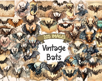 Vintage Bat Watercolor Clipart: 205 Retro Halloween PNG Graphics (Digital Download)