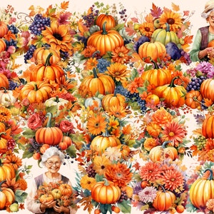 K&ouml;nnte beinhalten: Eine farbenfrohe Herbsternteszene mit K&uuml;rbissen, Sonnenblumen und Trauben. Zwei Frauen halten K&uuml;rbisse, eine tr&auml;gt einen Strohhut und die andere einen wei&szlig;en Hut. Die Szene ist in einem realistischen Stil mit leuchtenden Farben gemalt.