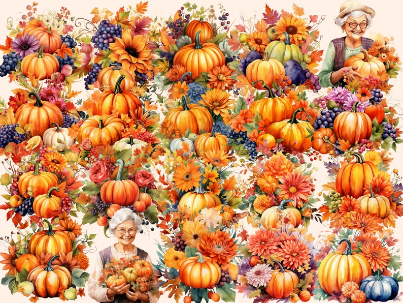 K&ouml;nnte beinhalten: Eine farbenfrohe Herbsternteszene mit K&uuml;rbissen, Sonnenblumen und Trauben. Zwei Frauen halten K&uuml;rbisse, eine tr&auml;gt einen Strohhut und die andere einen wei&szlig;en Hut. Die Szene ist in einem realistischen Stil mit leuchtenden Farben gemalt.