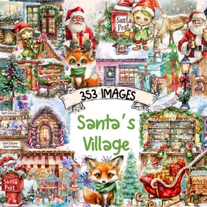 Santa's Village Watercolor Clipart Bundle - 353 PNG Festive North Pole Scenes, Christmas Graphics, Instant Digital Download, Commercial Use