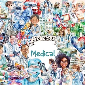 Medical Watercolor Clipart Bundle - 528 PNG Healthcare Equipment Images, Medical Hospital Graphics, Instant Digital Download, Commercial Use