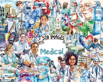 Può includere: Un'illustrazione ad acquerello di una varietà di immagini mediche, tra cui medici, infermieri, pazienti, attrezzature mediche e medicine. L'illustrazione è colorata e vibrante e include il testo "528 Immagini" e "Medical".