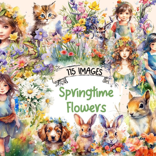 Springtime Flowers Watercolor Clipart Bundle - 115 PNG Flower Images, Beautiful Floral Graphics, PNG,Instant Digital Download,Commercial Use