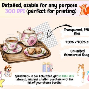 May include: Watercolor illustration of a tea set with pink floral designs, including a teapot, teacup, saucer, and two cookies on a wooden tray. The image also includes text: "Detailed, usable for any purpose 300 DPI".