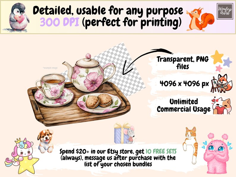 May include: Watercolor illustration of a tea set with pink floral designs, including a teapot, teacup, saucer, and two cookies on a wooden tray. The image also includes text: "Detailed, usable for any purpose 300 DPI".