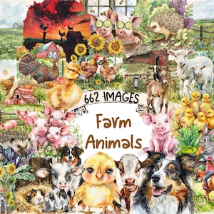 Farm Animals Watercolor Clipart Bundle - 662 PNG Barnyard Animal Images, Countryside Cute Graphics, Instant Digital Download, Commercial Use