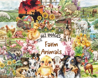 Watercolor Farm Animals Clipart Bundle: 662 PNG Graphics (Digital Download)