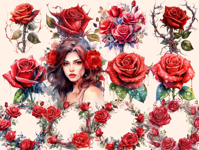 Red Roses Watercolor Clipart Bundle: 98 PNG Floral Graphics (digital ...