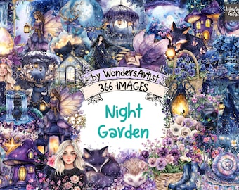 May include: A digital art collage titled "Night Garden" featuring fairies, animals, and floral elements in shades of purple, blue, and green. The image includes the text "by WondersArtist 366 IMAGES" and "Night Garden".