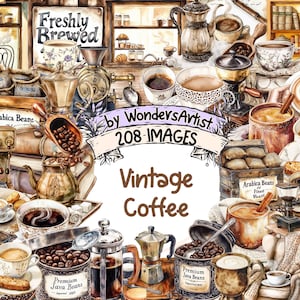 Vintage Coffee Watercolor Clipart - 208 PNG Retro Café Graphics, Rustic Coffee Cup Illustrations, Instant Digital Download, Commercial Use