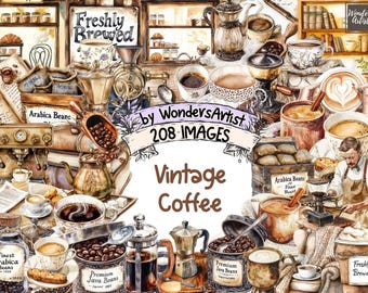 Vintage Coffee Watercolor Clipart: Rustic Cafe PNG Graphics (Digital Download)