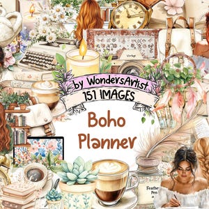 Boho Planner Watercolor Clipart Bundle - 151 PNG Organizer Images, Bohemian Illustrations, Stylish Decor, Instant Download, Commercial Use