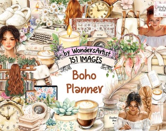 Boho Planner Clipart Bundle: 151 Watercolor PNG Images (Commercial Use) (Digital Download)