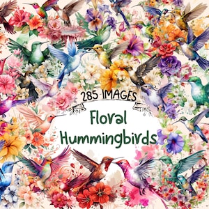 Floral Hummingbirds Watercolor Clipart Bundle - 285 PNG Hummingbird Images, Spring Flower Graphics, Instant Digital Download, Commercial Use