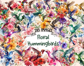 Floral Hummingbird Clipart Bundle: 285 Watercolor PNG Images (Digital Download)