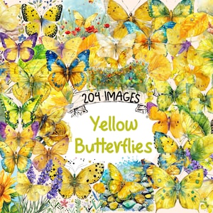 Yellow Butterflies Watercolor Clipart Bundle - 204 PNG Sunlit Butterfly Images, Luminous Graphics, Instant Digital Download, Commercial Use