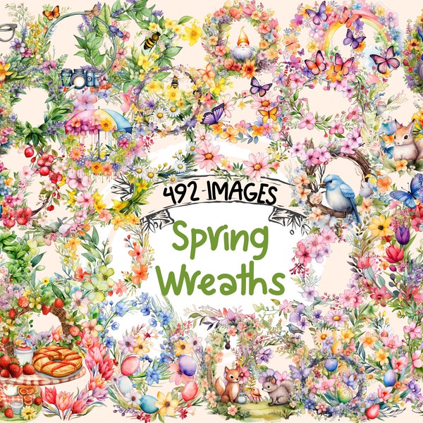 Spring Wreaths Watercolor Clipart Bundle - 492 PNG Springtime Wreath Images, Seasonal Decor Graphics,Instant Digital Download,Commercial Use