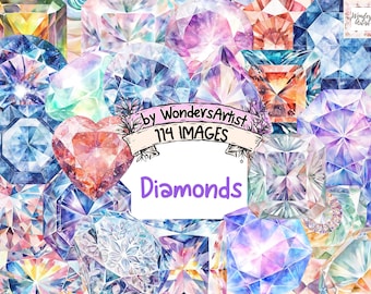 Watercolor Diamond Clipart Bundle: Jewel Illustrations (114 PNG) (Commercial Use) (Instant Download)