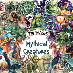 Mythical Creatures Watercolor Clipart Bundle - 728 PNG Legendary Images, Fantasy Beast Graphics, Instant Digital Download, Commercial Use