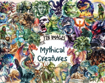 Watercolor Mythical Creatures Clipart Bundle: 728 Fantasy PNG Images (Digital Download)