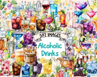 Watercolor Cocktail Clipart Bundle: 592 PNG Beverage Graphics (Digital Download)