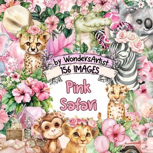 Pink Safari Watercolor Clipart Bundle - 156 PNG Charming Soft Pink Tones Images, Wildlife Graphics, Instant Digital Download, Commercial Use